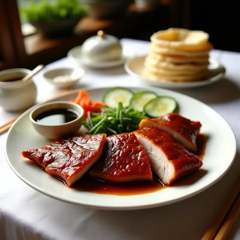 Peking Duck tradicional servido en una fuente de porcelana blanca con piel dorada y crujiente, acompañado de panqueques chinos finos, cebolla verde, salsa hoisin y rodajas de pepino. El plato está decorado con palillos chinos y una mesa elegante.