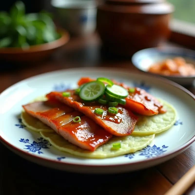 Peking Duck dorado y crujiente cortado en tiras finas, servido sobre panqueques suaves de spring onion con salsa hoisin y juliana de pepino. Plato tradicional chino con presentación elegante y colores vibrantes.