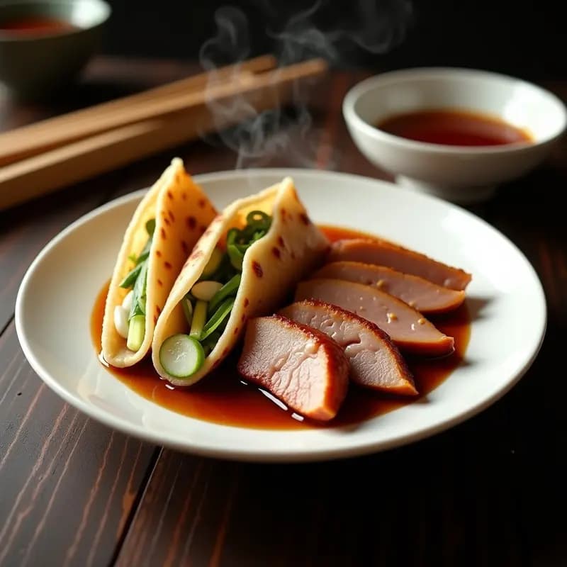 Plato de Peking Duck tradicional servirado con panqueques de trigo sarraceno dorados, láminas de pato crujiente, bastones de pepino, cebolla verde y salsa hoisin. Receta china sin gluten gourmet.