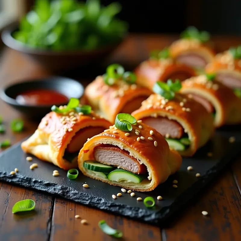 Peking Duck Wraps con hojaldre de sésamo dorado y crujiente, rellenos de pato marinado, pepino y cebolla morada, servidos en plato de cerámica negra con salsa hoisin y semillas de sésamo espolvoreadas.