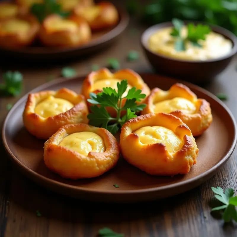 Pellizcos dorados y crujientes de masa de mandioca con queso coalho fundido, servidos en un plato de madera rústica con perejil fresco. Aperitivo brasileño hecho en airfryer, sin gluten y alto en proteínas.