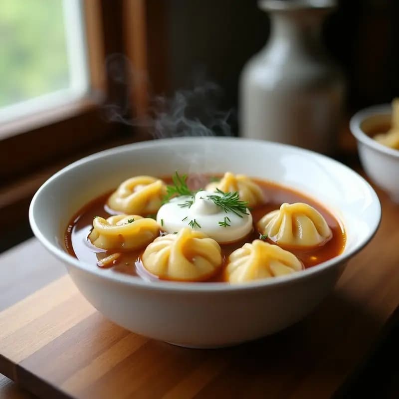 Plato hondo de cerámica blanca con pelmeni rusos de carne y cebolla, bañados en caldo dorado y acompañados de crema agria y perejil fresco. Receta tradicional en olla lenta.