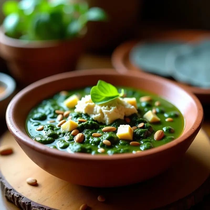 Plato hondo de barro con pepián de espinacas y queso de almendras vegano, espolvoreado con semillas de calabaza tostadas y cilantro fresco, acompañado de arroz blanco y tortillas de maíz, receta guatemalteca alta en hierro.