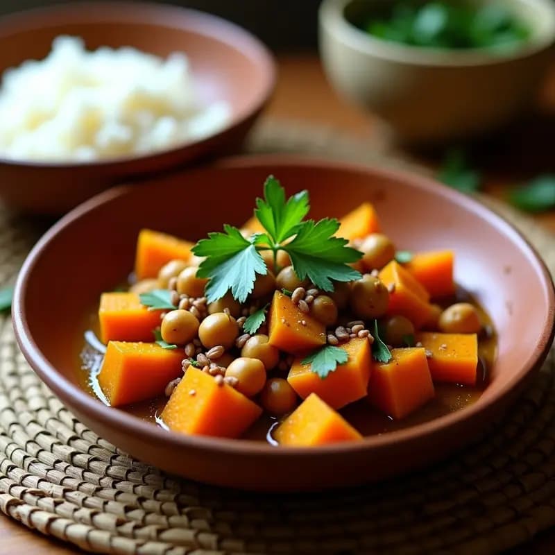 Plato hondo de barro con pepián de garbanzos y calabaza, salsa espesa de color terroso con semillas de calabaza y sésamo tostadas, decorado con cilantro fresco sobre fondo de madera rústica.