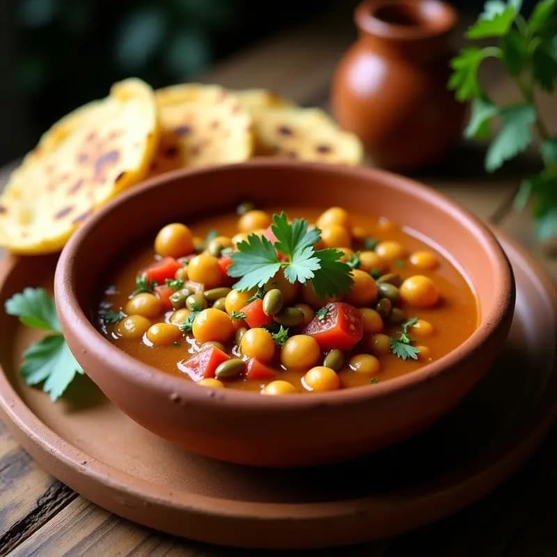 Plato hondo de barro con pepián de garbanzos vegano, estofado espeso de color terroso con semillas de calabaza tostadas espolvoreadas y cilantro fresco. Acompañado de tortillas de maíz y decorado con un hilo de aceite de oliva.