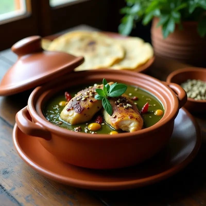 Olla de barro con pepián guatemalteco espeso, trozos de pollo dorado bañados en salsa verde oscura con semillas de ayote y hierbabuena fresca, servido en plato de cerámica rústico.