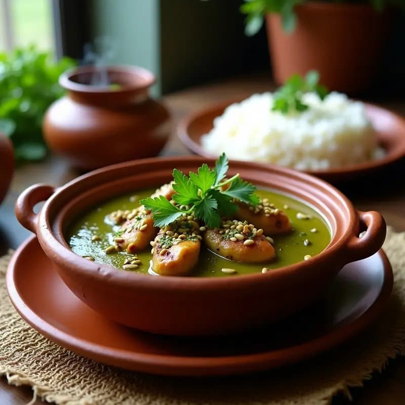 Olla de barro humeante con pepián guatemalteco, estofado espeso de mole verde tradicional con trozos de pollo, semillas de calabaza y girasol visibles, decorado con hojas de cilantro fresco sobre mesa rústica de madera.