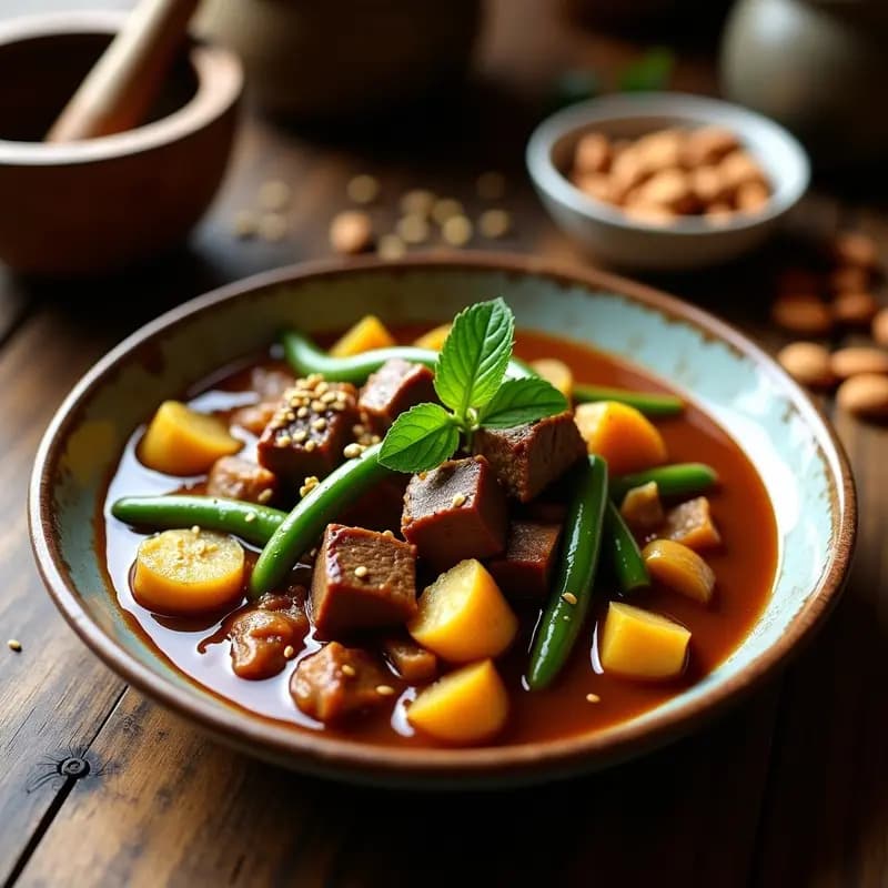 Olla lenta con pepián guatemalteco de res y vegetales, espeso y aromático, con trozos de carne tierna, zucchini, papa y ejotes, decorado con semillas de calabaza tostadas y hojas de hierbabuena fresca.
