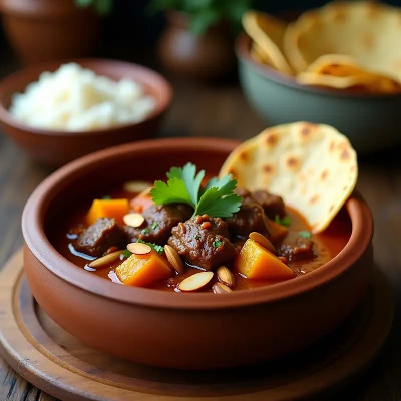 Plato hondo de barro con pepián de res guatemalteco: trozos tiernos de carne de res estofada en una salsa espesa color rojizo, acompañada de cubos de calabaza dorada y almendras fileteadas tostadas. Decorado con hojas de cilantro fresco y servido con arroz blanco y tortillas de maíz.