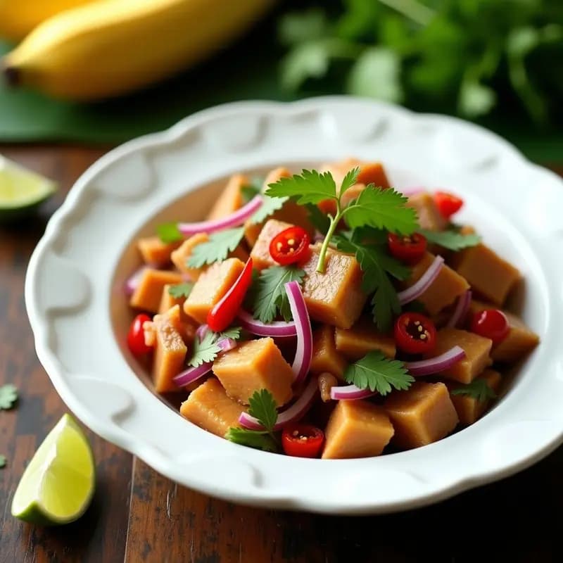 Ensalada filipina Pepingahan en bol de cerámica blanca, con trozos dorados de hígado de pollo marinados, cebolla morada, chile rojo y cilantro fresco. Fondo rústico con hojas de plátano.