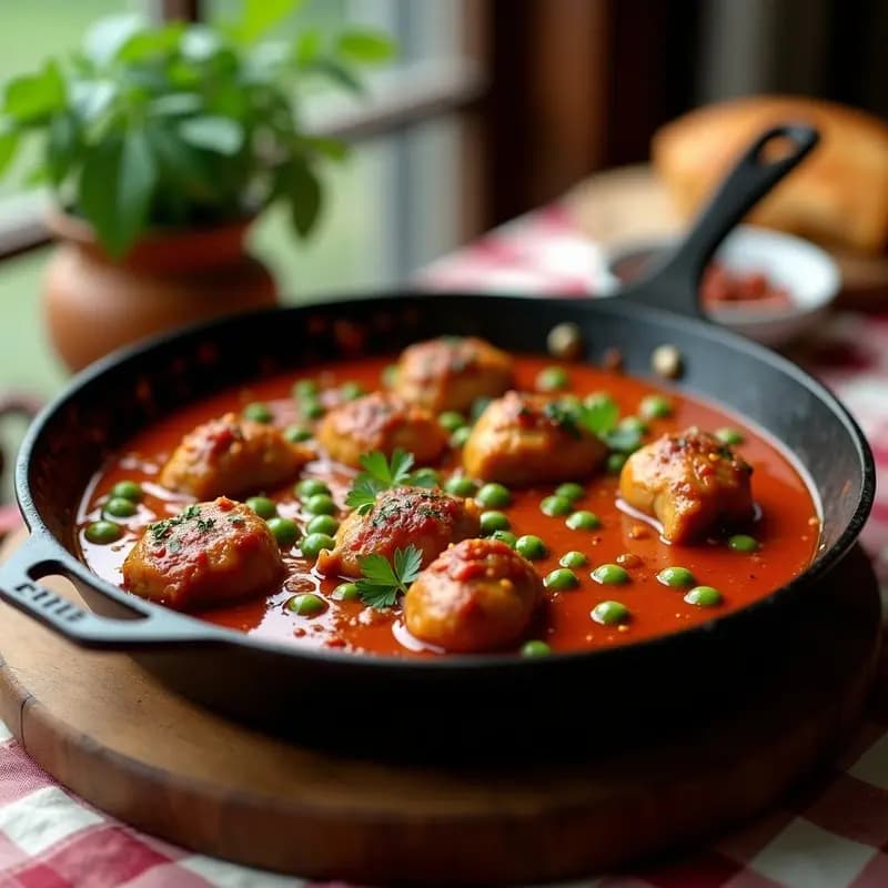 Sartén de hierro con pepitorias de pollo doradas, trozos de molleja, hígado y corazón, bañados en una salsa espesa de tomate y guisantes verdes. Plato tradicional español de aprovechamiento, decorado con perejil fresco y servido en un mantel rústico.