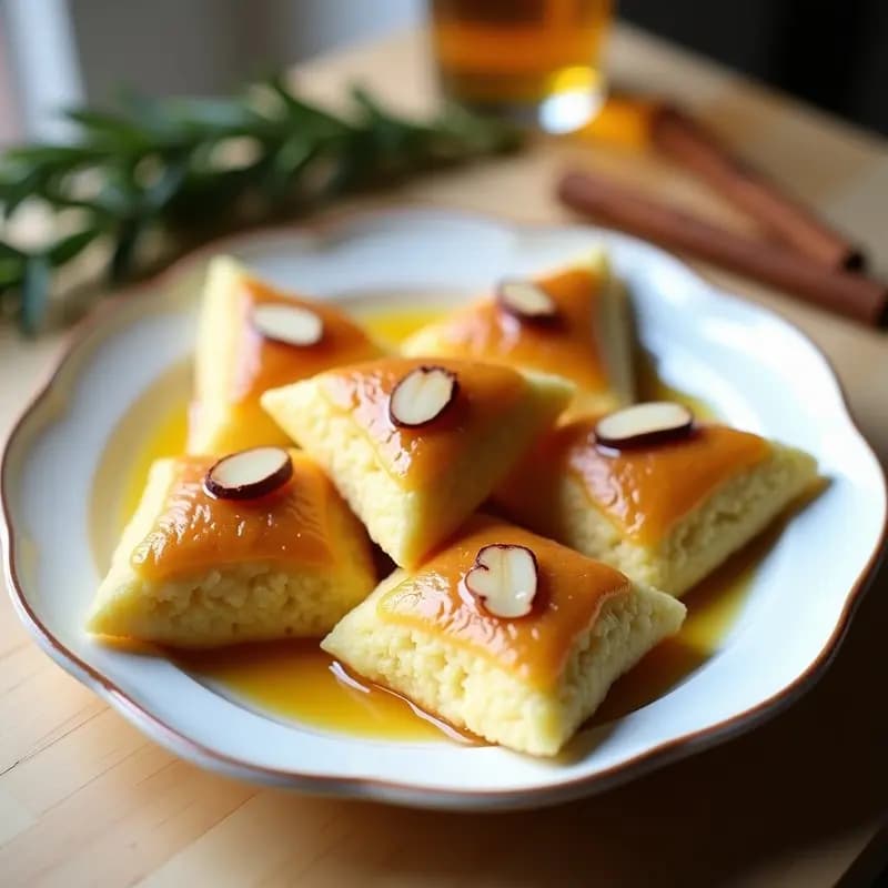Plato blanco rústico con pepitorias de sémola con miel cortadas en rombos, bañadas en miel dorada y decoradas con almendras fileteadas tostadas, sobre fondo de madera clara.