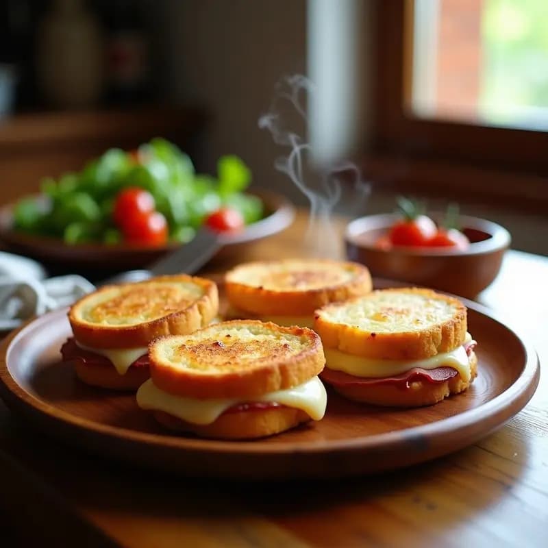Pepitos de jamón y queso dorados y crujientes sobre un plato de madera, con el queso fundido asomando por los bordes. Acompañados de una ensalada verde y un tenedor para servir.