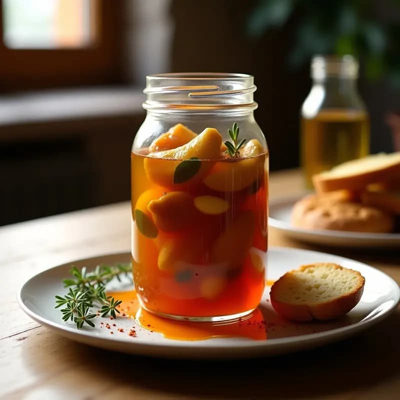 Perdiz escabechada con especias en tarro de cristal, trozos dorados de carne sumergidos en líquido ámbar con ajo, laurel y pimentón, receta tradicional de caza en conserva.
