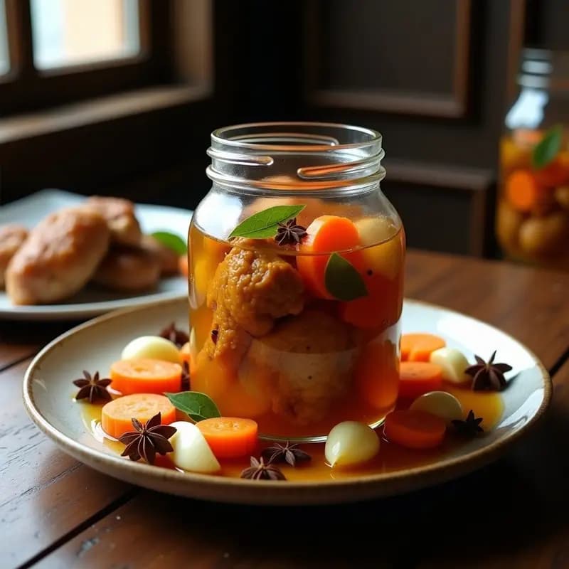 Plato hondo de barro con perdiz escabechada troceada, bañada en un caldo dorado de vinagre, aceite y especias, acompañada de rodajas de cebolla y zanahoria. Receta tradicional de monte española.