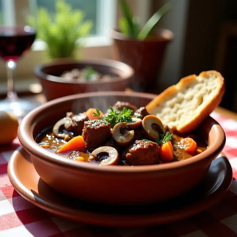 Cazuela de barro humeante con perdiz estofada desmenuzada en salsa oscura, setas troceadas y verduras, servida en plato rústico de barro con rebanada de pan tostado. Receta tradicional castellana de perdiz estofada con setas.