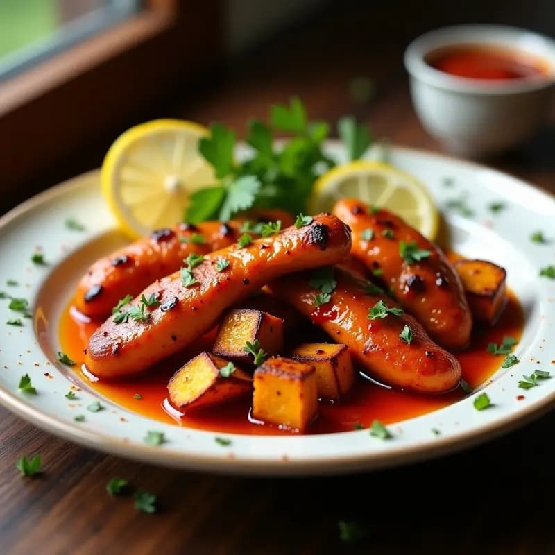 Plato hondo de barro con peri peri de pollo portugués dorado y jugoso, acompañado de batata asada en cubos dorados y decorado con hojas de cilantro fresco. Receta picante tradicional con toque ahumado.