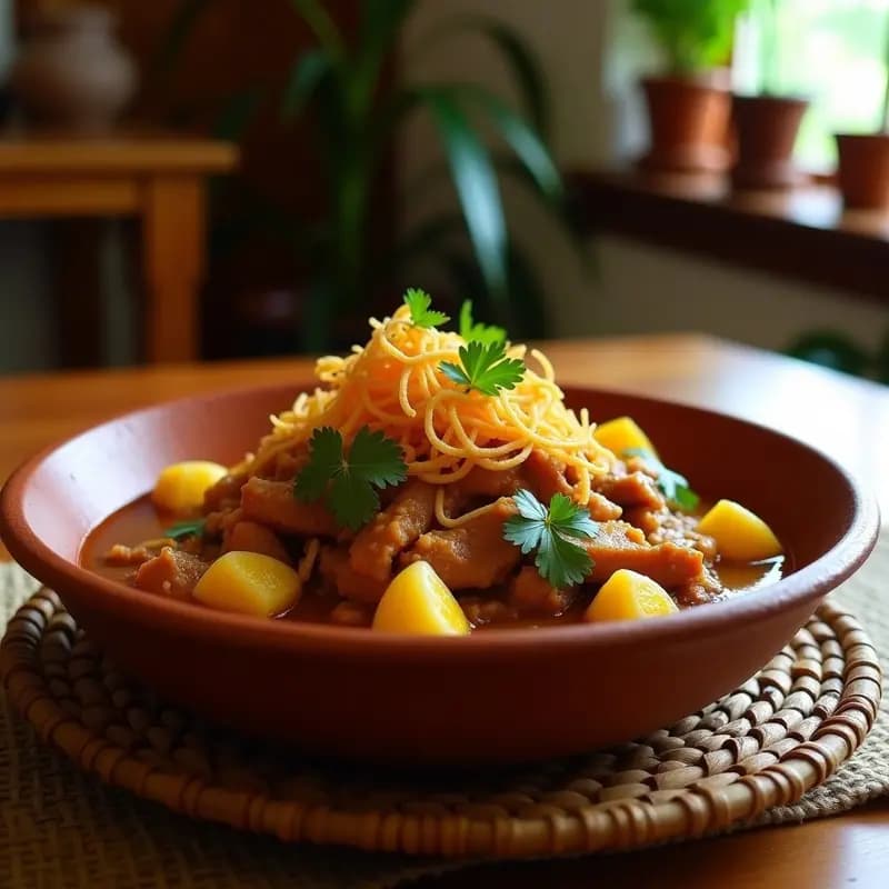 Plato hondo de barro con pernil de cerdo desmenuzado en salsa espesa, trozos de yuca amarilla y chicharrón dorado crujiente encima. Decorado con cilantro fresco y rodajas de naranja agria al lado. Receta puertorriqueña tradicional en olla express.
