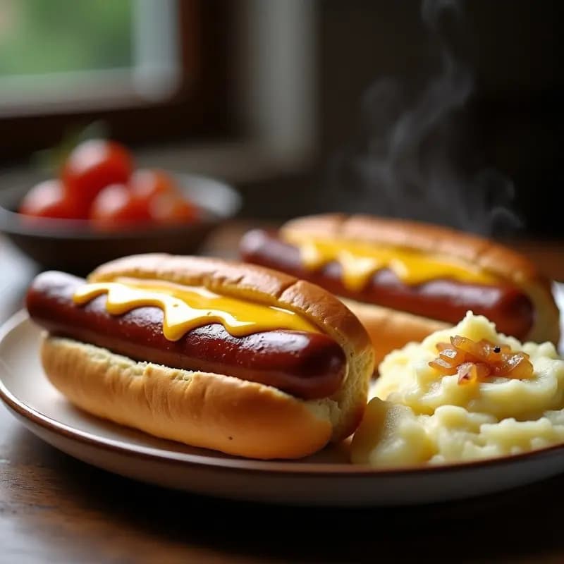 Perrito caliente abierto con salchicha bratwurst dorada, puré de patatas cremoso, queso cheddar fundido elástico y cebolla caramelizada, servido en panecillo suave con mostaza y ketchup, receta alemana de puro confort.