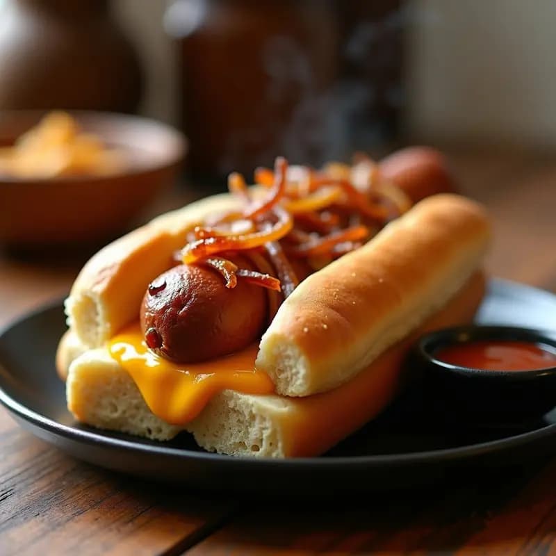 Perrito caliente gigante abierto mostrando una salchicha empanizada y dorada cubierta con queso cheddar derretido y cebolla caramelizada brillante, servido en un plato negro con salsa barbacoa y mostaza al lado.
