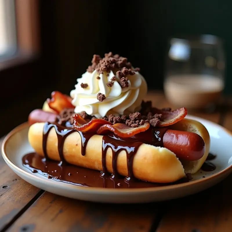 Perrito caliente de pan brioche dorado abierto por la mitad, relleno de salchicha Frankfurt, cebolla caramelizada, bacon crujiente, una bola de helado de vainilla derritiéndose ligeramente, sirope de chocolate espeso cayendo por los lados, galletas trituradas, nata montada y virutas de chocolate negro en un plato oscuro con fondo borroso.
