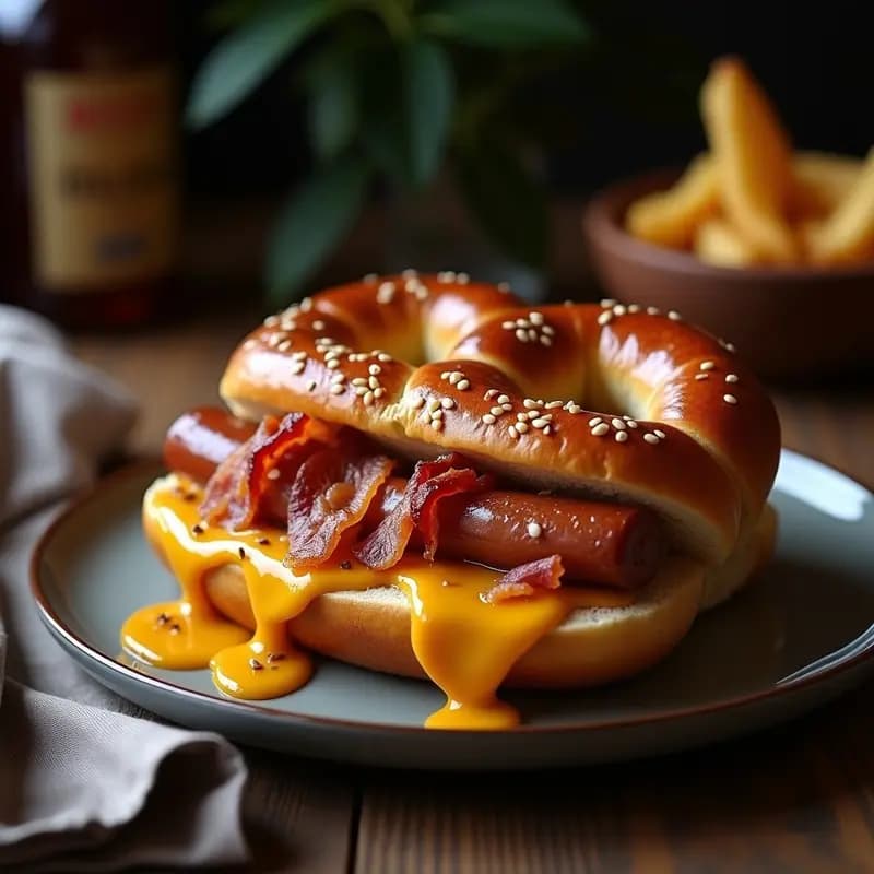 Perrito caliente de pretzel dorado y crujiente abierto por la mitad, relleno de salchicha frankfurt, queso azul derretido, bacon crujiente, cebolla morada y bañado en miel y mostaza dulce, sobre fondo rústico.