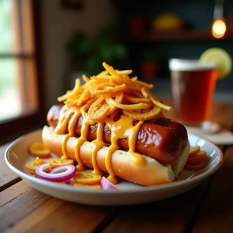 Perrito caliente gigante en pan tostado con salchicha jugosa, queso derretido estirándose y tostones dorados y crujientes encima. Acompañado de salsa barbacoa y cebolla morada. Receta de perrito caliente con queso y tostones para compartir.