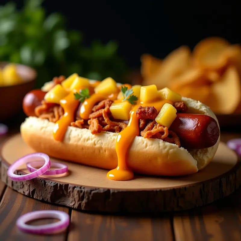 Perro caliente colombiano extremo en pan suave tostado, relleno de salchicha Frankfurt, chicharrón crujiente, queso derretido burbujeante y salsa de piña picante brillante, servido en bandeja de madera.