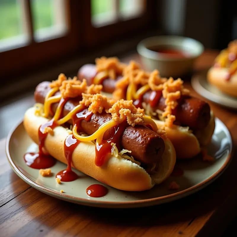 Perro caliente gigante en pan de brioche tostado, relleno de salchicha gruesa tipo Frankfurt, chucrut frito dorado y crujiente, queso cheddar y mozzarella fundido derramándose, bañado en salsa BBQ de whisky brillante y espesa. Receta alemana reinventada de comida rápida casera.