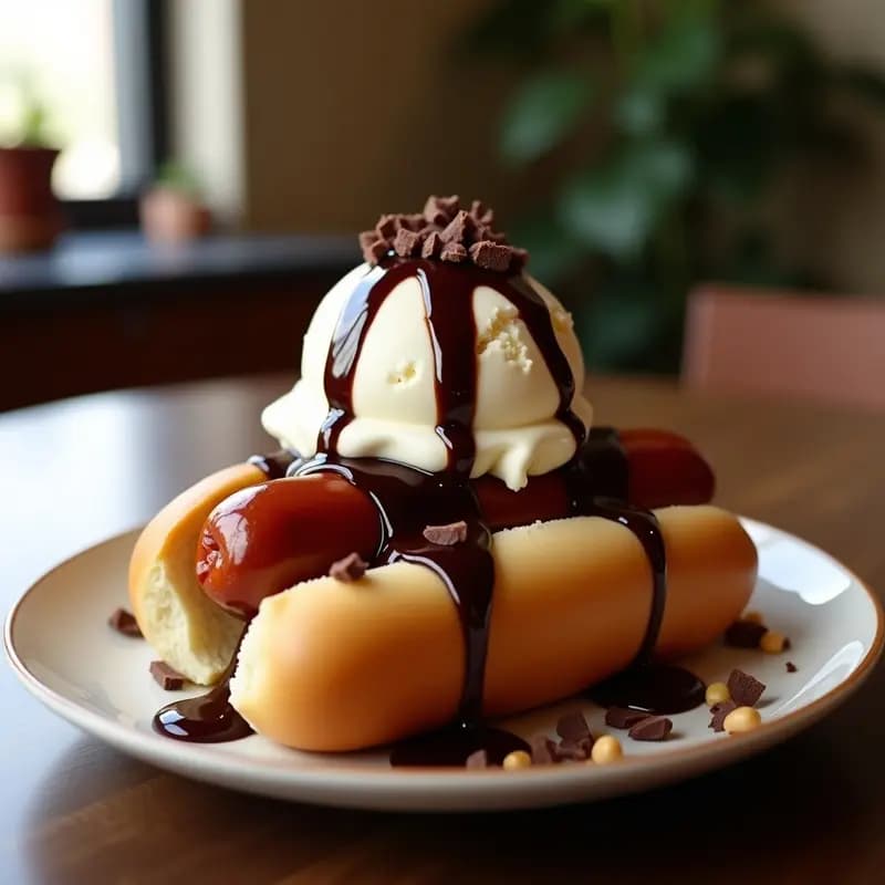 Perro caliente abierto con salchicha Frankfurt dorada, bola de helado de vainilla cremoso derritiéndose ligeramente, bañado en sirope de chocolate espeso, decorado con nata montada, cacahuetes picados y virutas de chocolate negro sobre un plato blanco.