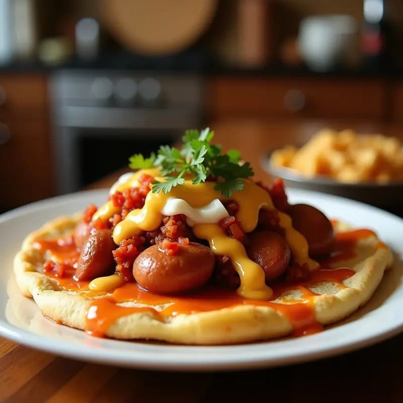 Perro caliente monstruoso con pan gigante relleno de salchicha, queso cheddar derretido, tocino crujiente, huevo frito, cebolla morada, patatas fritas trituradas, pepinillos y cinco salsas diferentes: barbacoa, picante, alioli, ketchup y mostaza dulce. Receta de perro caliente monster con 10 toppings.