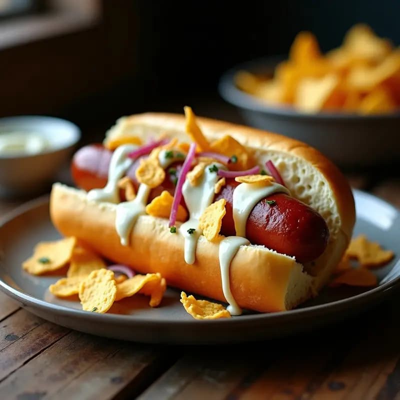 Perro caliente en pan de brioche tostado relleno de salchicha Frankfurt XXL abierta, bañado en salsa cremosa de queso azul, cubierto de nachos triturados dorados y cebolla morada frita, servido en plato negro con fondo de madera rústica.