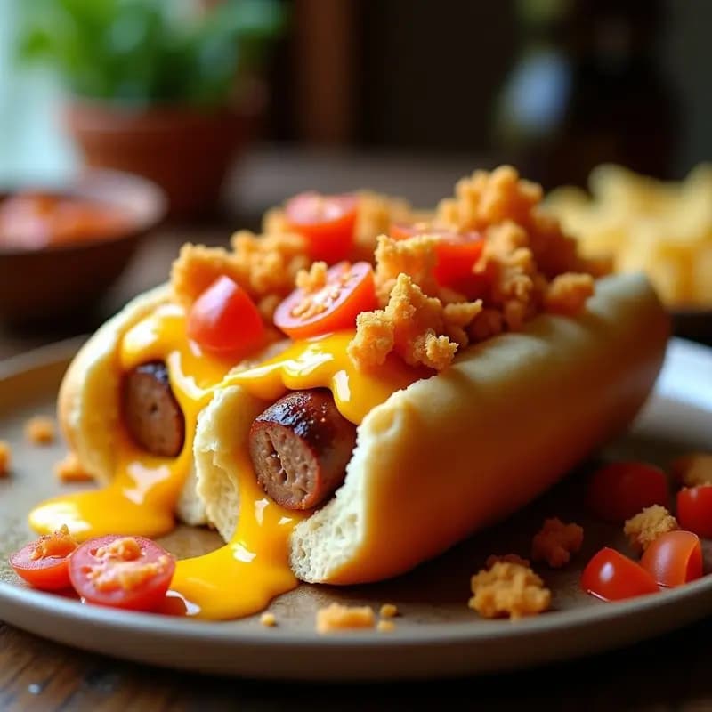 Perro caliente relleno de queso fundido y chicharrones crujientes, con salsa rosada, ají, cebolla morada y tomate, sobre un plato rústico. Receta colombiana hipercalórica.