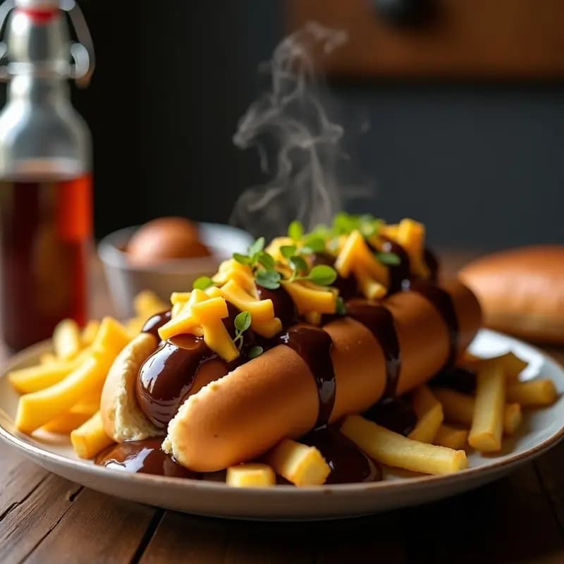 Perro Caliente con Queso Fundido, Patatas Fritas y Salsa de Chocolate: Comida Basura Definitiva