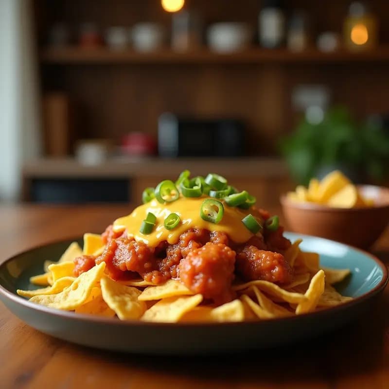 Perro caliente VIP en pan de brioche con salchicha gruesa abierta, cubierto de queso fundido estirado, nachos dorados crujientes, cebolla morada, tomate perla y salsas barbacoa y picante, servido en bandeja de madera con fondo borroso.