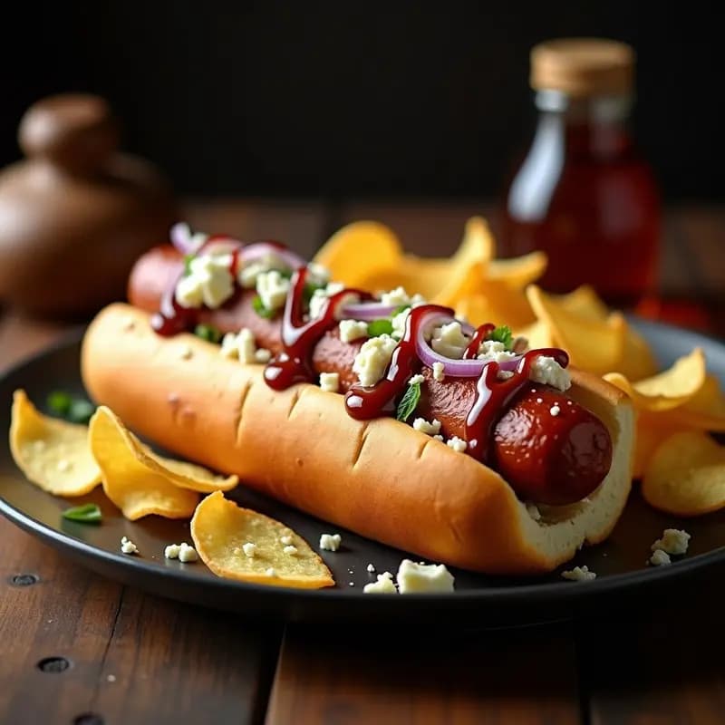 Perro caliente XXL en pan tostado abierto, relleno de salchicha Frankfurt dorada, queso azul desmenuzado, cebolla morada en juliana, chips de patata crujientes y salsa barbacoa, sobre fondo de madera rústica.
