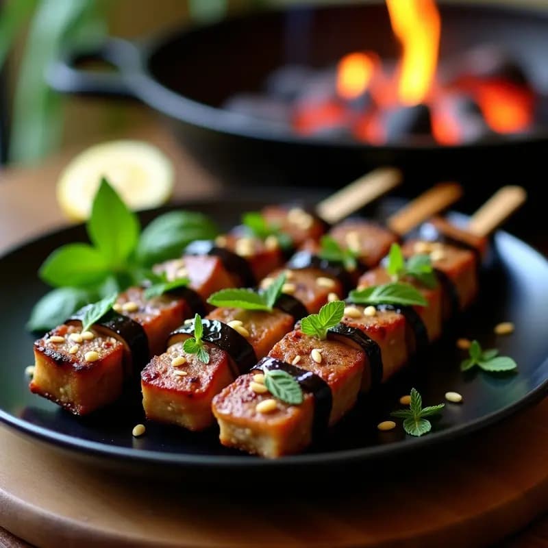 Brochetas de Pershiskebab iraní con cubos de cordero dorado y rodajas de berenjena asada, espolvoreadas con semillas de sésamo y menta fresca, servidas en plato de cerámica negra con fondo de parrilla humeante.