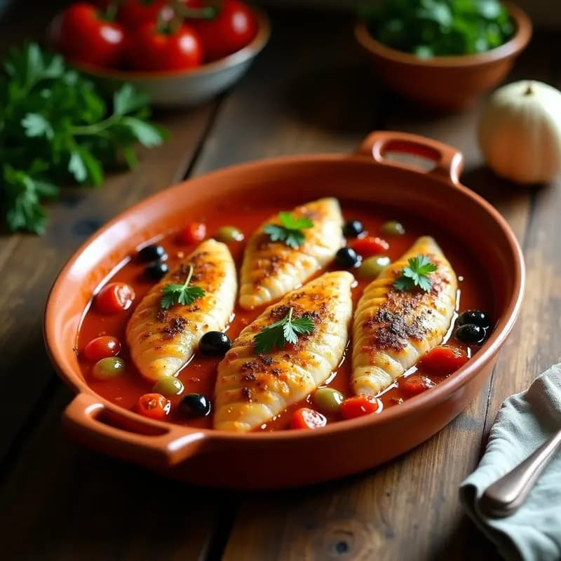 Fuente de barro portuguesa con lomo de atún al horno cubierto de salsa espesa de tomates rojos, aceitunas negras y alcaparras, decorado con perejil fresco y rodajas de limón, receta tradicional de Pescado a la Espalda.