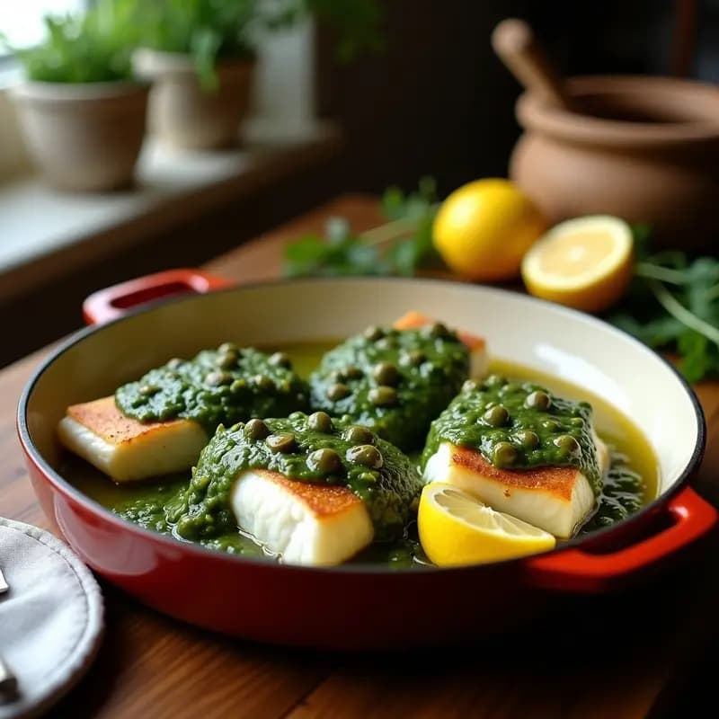 Filetes de merluza horneados en bandeja rústica de barro, cubiertos con una vibrante salsa verde de perejil y alcaparras, acompañados de rodajas de limón y cebolleta picada. Receta portuguesa sin gluten y alta en omega-3.