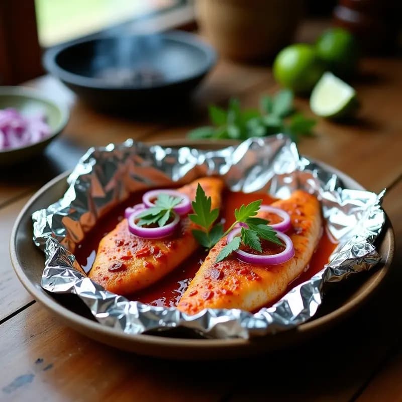 Filetes de pescado a la talla mexicano envueltos en papel de aluminio abiertos sobre una mesa de madera, con rodajas de cebolla morada y hojas de laurel, resaltando los colores rojizos del achiote y el chile guajillo.