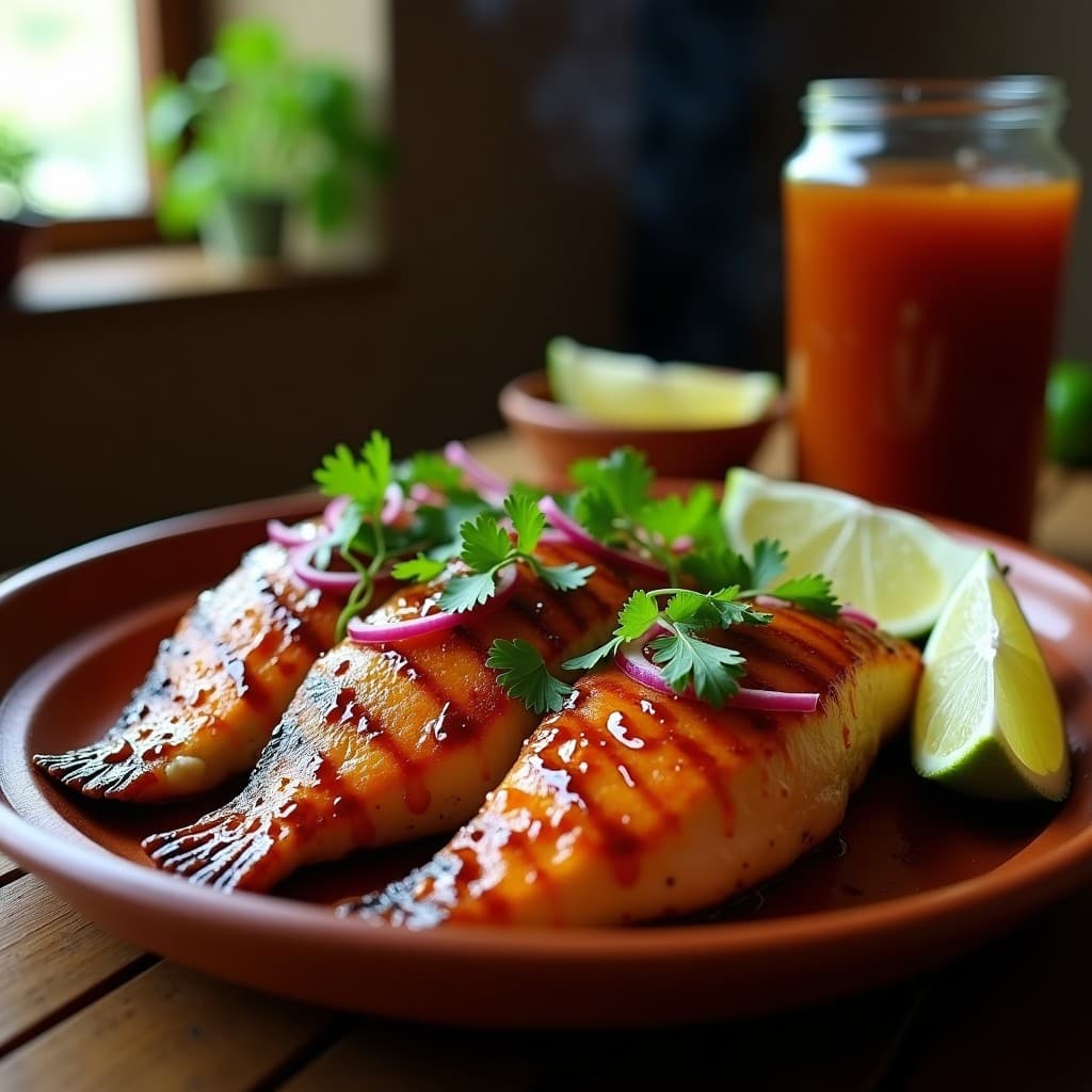 Filetes de pescado a la talla dorados a la parrilla, bañados en salsa de tamarindo oscura y brillante, decorados con rodajas de cebolla morada y cilantro fresco sobre un plato de barro rústico, con gajos de limón verde al lado.
