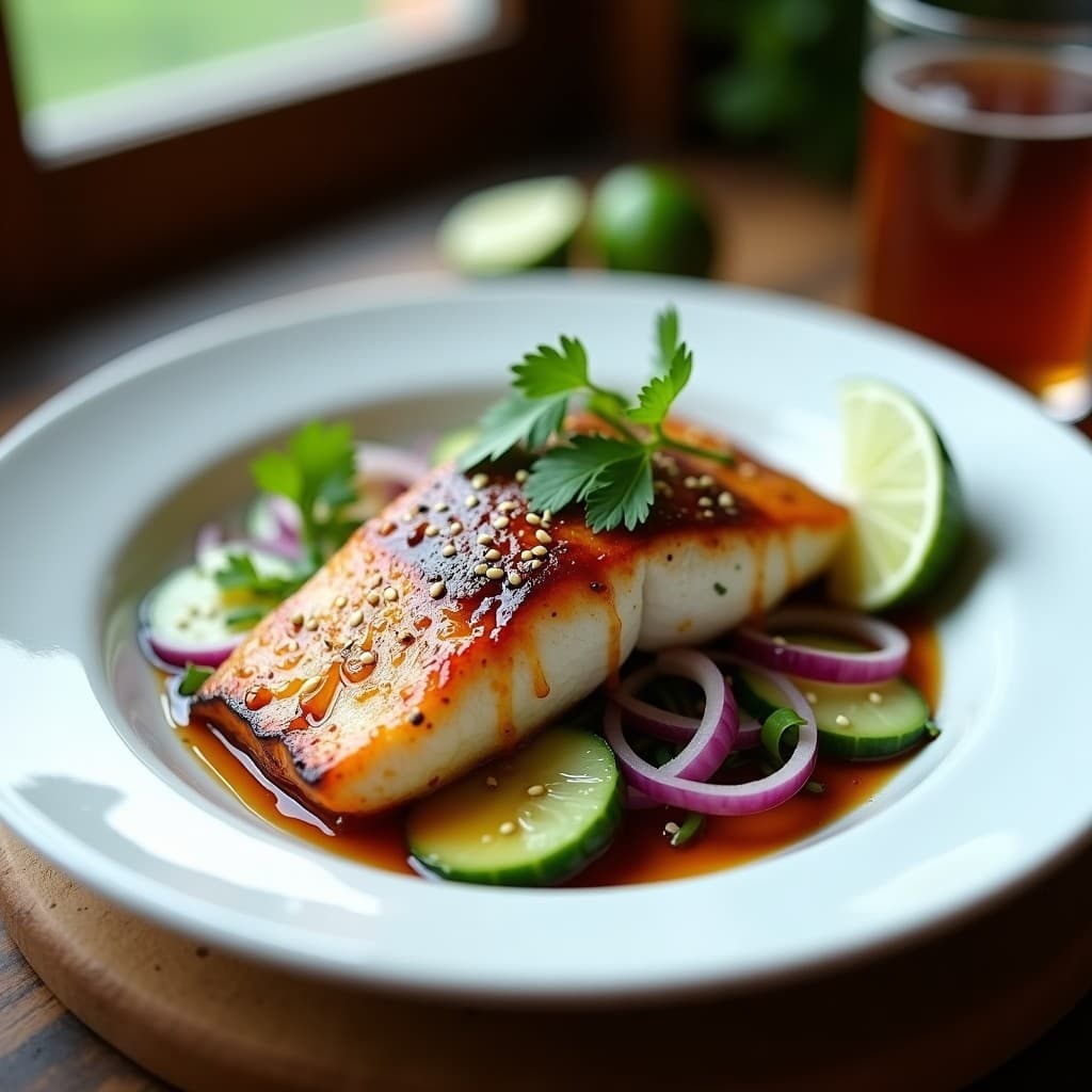 Plato blanco con filete de pescado dorado glaseado con salsa de tamarindo, acompañado de ensalada de pepino en juliana, cebolla morada en rodajas finas y decorado con cilantro fresco y semillas de sésamo. Receta de pescado a la tamarindo con ensalada de pepino y cebolla morada.