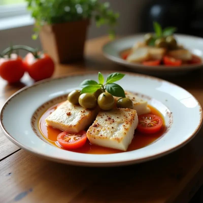 Plato de pescado a la trugese en papillote abierto, con filetes de merluza jugosos cubiertos de salsa de tomate maduro, aceitunas negras y hierbas frescas, servido en papel de horno rústico.