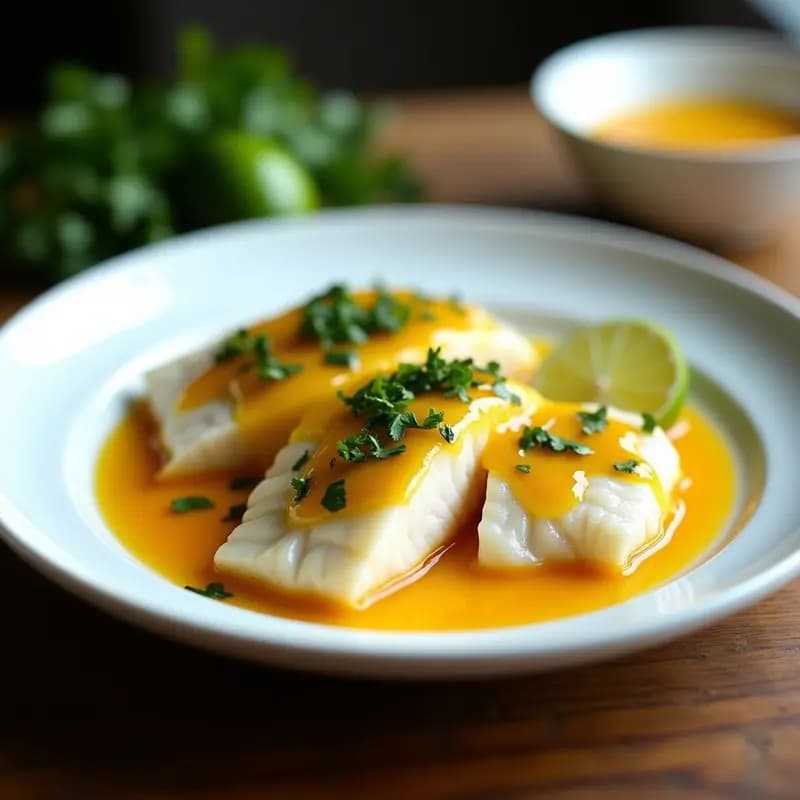 Filetes de pescado blanco al vapor sobre un plato de cerámica blanca, bañados con una salsa brillante de color amarillo dorado de maracuyá y trozos verdes de ají. Decorado con hojas frescas de cilantro y rodajas de limón. Fondo borroso con una olla de vapor al fondo, resaltando la receta chilena alta en Omega-3.