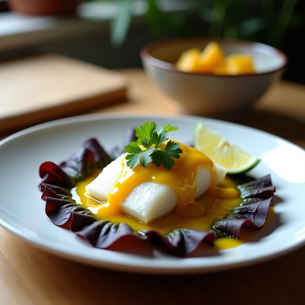 Plato blanco elegante con filete de corvina al vapor sobre hojas de lechuga morada, bañado en salsa amarilla vibrante de maracuyá y hierba luisa, decorado con cilantro fresco y rodajas de limón. Receta peruana saludable y rápida en 20 minutos.