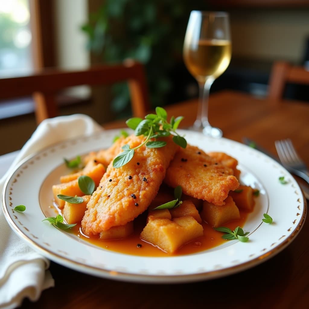 Plato de pescaíto frito vegano con láminas de berenjena doradas y crujientes, servidas sobre papel de estraza con salsa alioli de ajo negro en un cuenco pequeño. Decorado con perejil fresco y semillas de sésamo, al estilo andaluz tradicional.