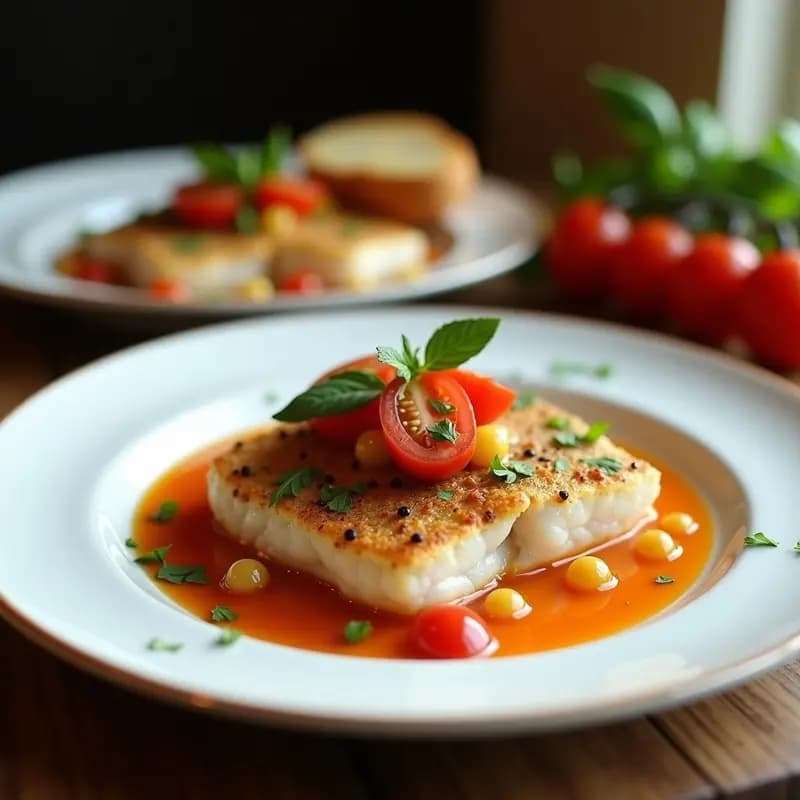 Plato hondo de cerámica blanca con filetes de lubina cocinados al vapor en un caldo dorado de tomate, aceitunas negras y hierbas frescas. La receta italiana Pesce all’Aqua Pazza con tomate y aceitunas se sirve con rodajas de limón y pan rústico al lado.