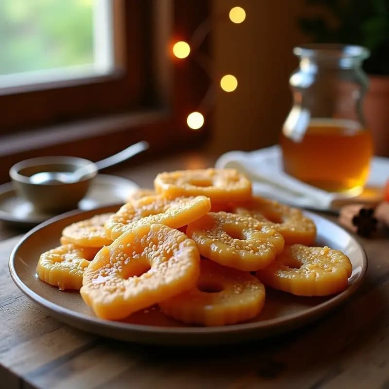 Pestiños de miel y sésamo en airfryer, dulce navideño andaluz crujiente y dorado con glaseado brillante y semillas de sésamo espolvoreadas.