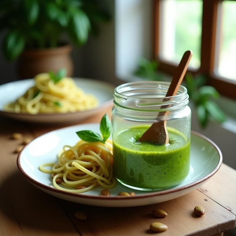 Tarro de cristal con pesto de albahaca y semillas de calabaza vegano, de color verde vibrante, acompañado de una cuchara de madera y semillas de calabaza esparcidas. Plato de pasta con pesto al fondo, receta sin queso y alta en magnesio.