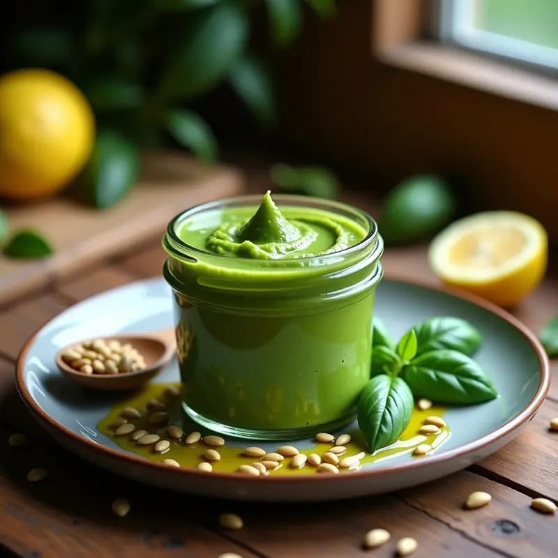 Tarro de vidrio transparente lleno de pesto de albahaca y semillas de girasol vegano, con textura cremosa y color verde brillante. Semillas tostadas visibles y hojas de albahaca fresca decorando el borde. Fondo rústico de madera con ingredientes dispersos: ramita de albahaca, cucharada de semillas de girasol y aceite de oliva.